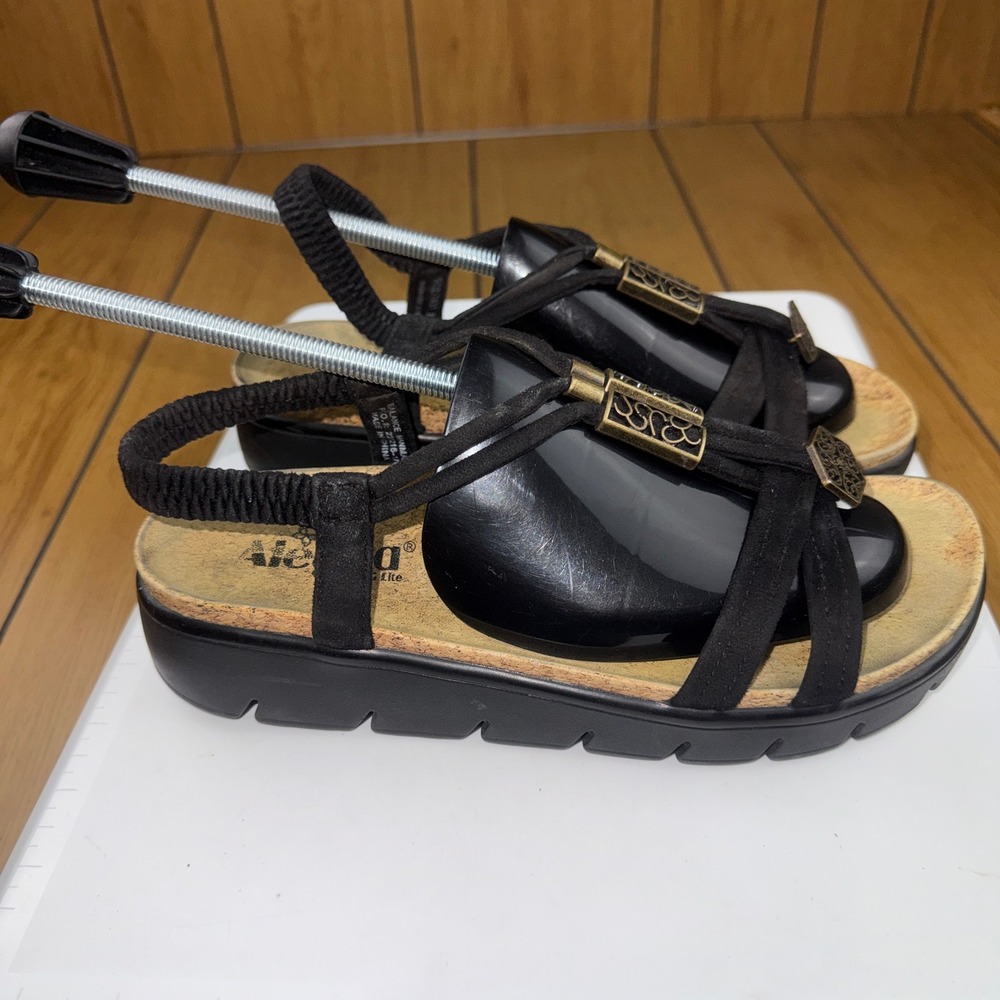Alegria by PG Lite Roz 7431 Black Strappy Slingback Sandals Bronze‎ Hardware 39